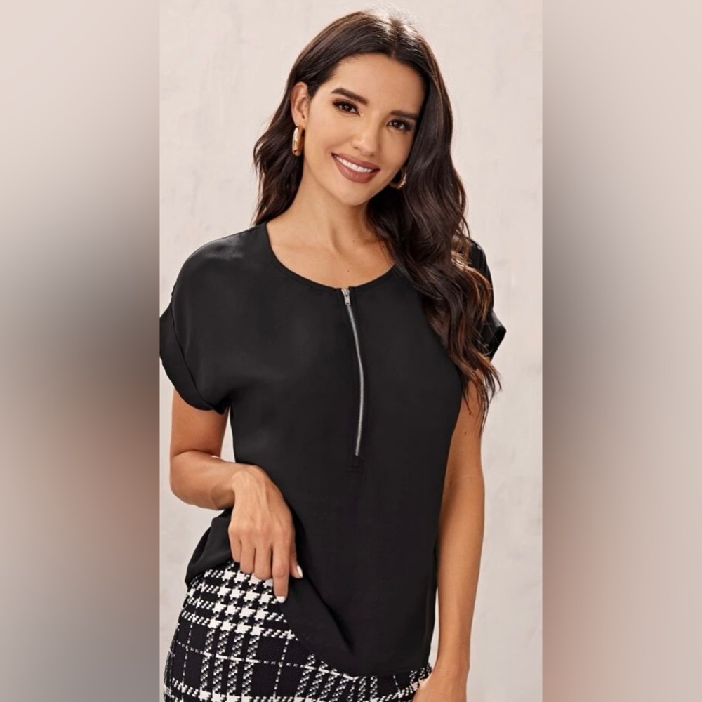 Women’s black half zipper short sleeve blouse